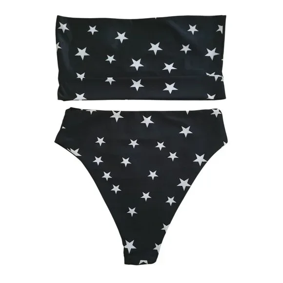 POLLY Black & White Star Print High-Waisted Strapless Bikini Set Size 8 US - Picture 2 of 9
